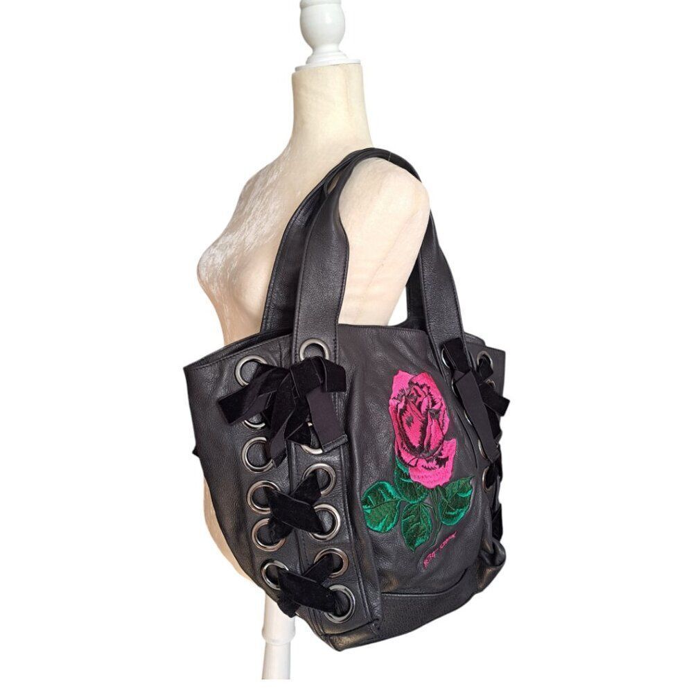 Betsey Johnson Women's Rose Black Embroidered  Leather Corset Tote - Picture 5 of 8